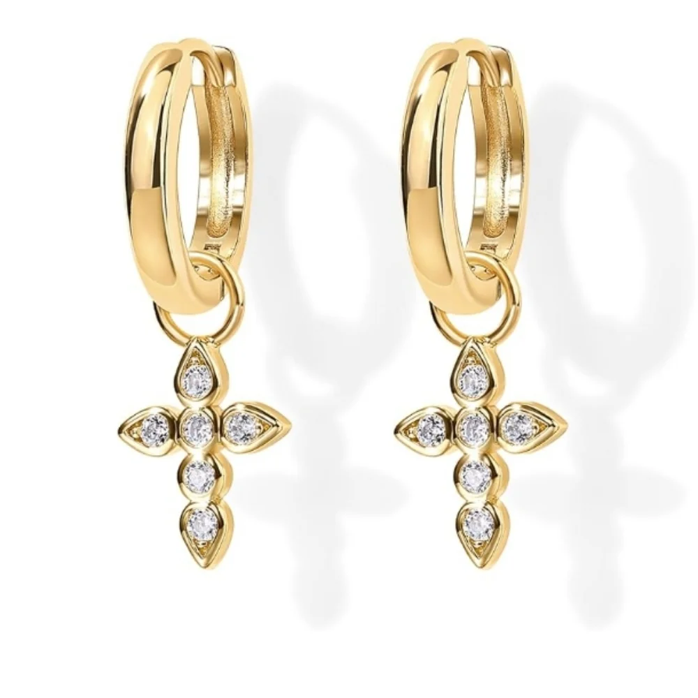 14K Gold Plated Lightweight Drop Dangle Huggie Hoop Cross Earrings
